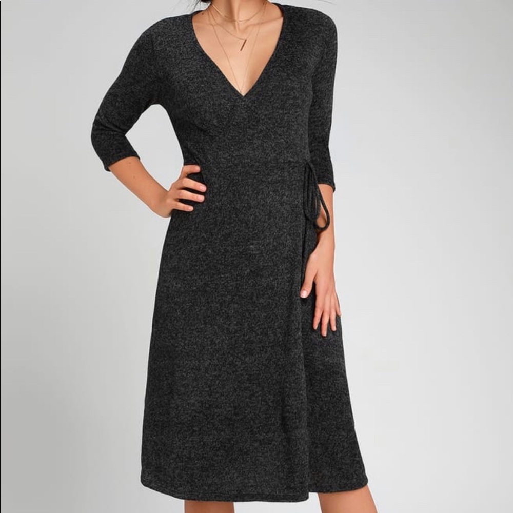 Lulus Isadore Charcoal Grey Marled Wrap Midi Dress
